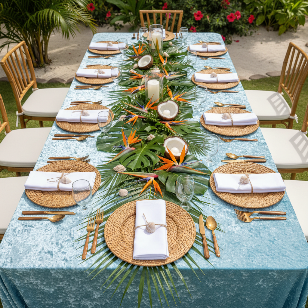 top view detail of Velvet 90"x132" Rectangular Tablecloth - Baby Blue