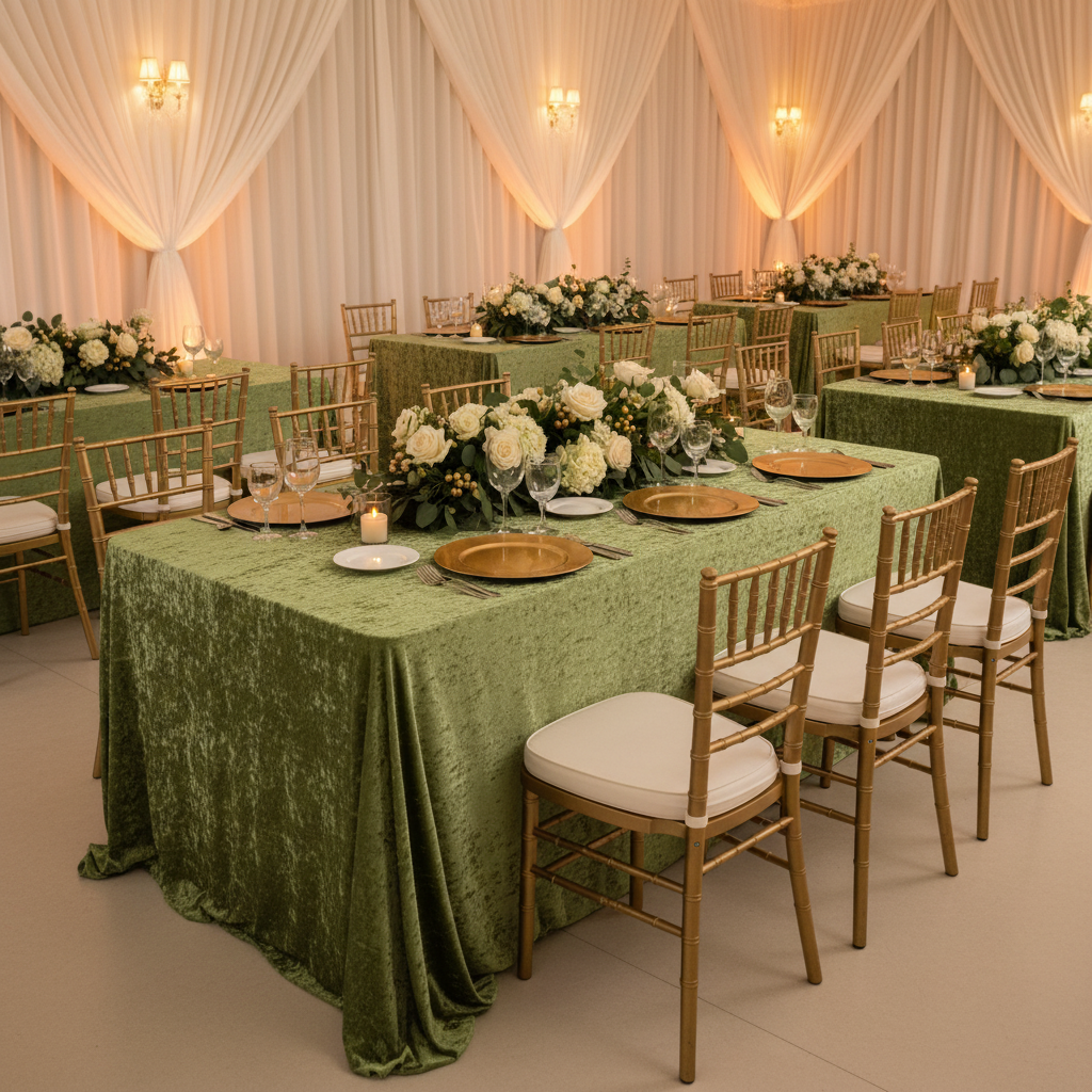 Velvet 90"x132" Rectangular Tablecloth - Dark Sage Green elegant indoor reception for wedding with gold charger plate and flower centerpieces