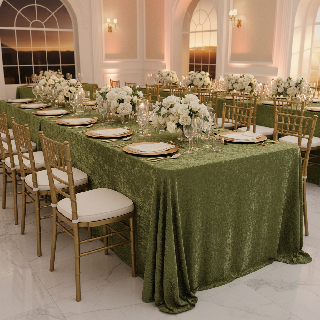 Velvet 90"x132" Rectangular Tablecloth - Dark Sage Green with gold charger plates on top and white napkin for wedding reception