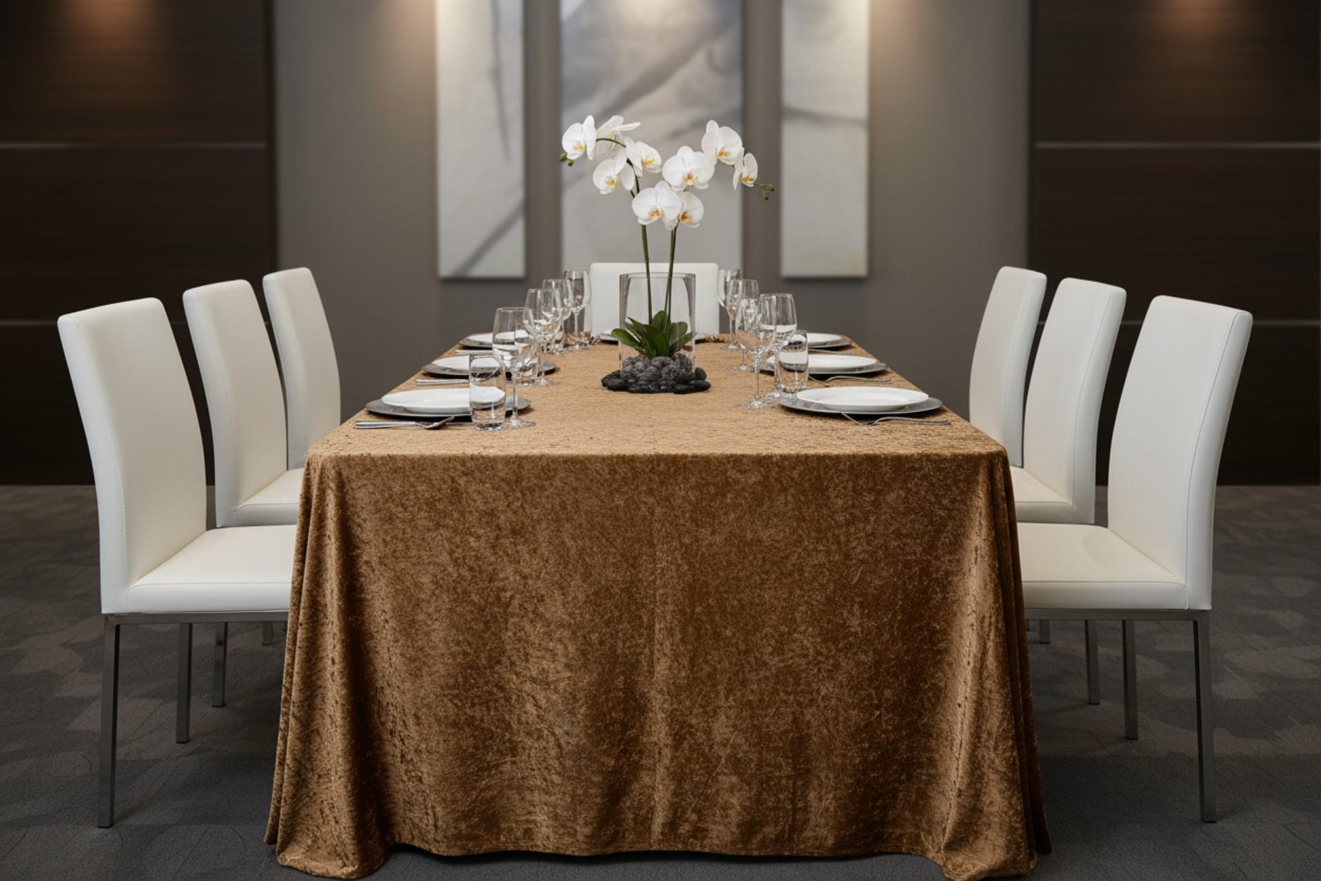 corporate dinner with Velvet 90"x132" Rectangular Tablecloth - Mocha Brown