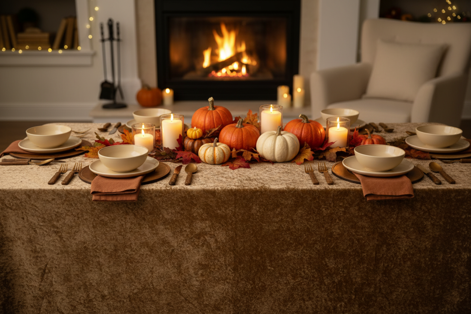thanksgiving setup with Velvet 90"x132" Rectangular Tablecloth - Mocha Brown