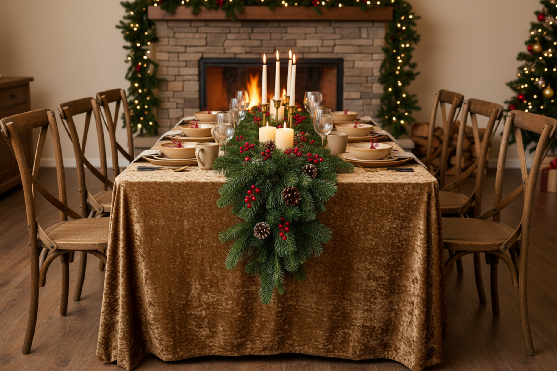 christmas banquet setup with Velvet 90"x132" Rectangular Tablecloth - Mocha Brown