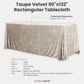 Velvet 90"x132" Rectangular Tablecloth Taupe infographic showing product dimensions