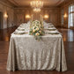 Velvet 90"x132" Rectangular Tablecloth Taupe formal dinner setting with floral and greenery table runner and hanging chandelier