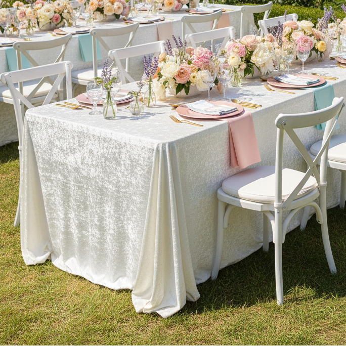 spring garden brunch with Velvet 90"x132" Rectangular Tablecloth - White