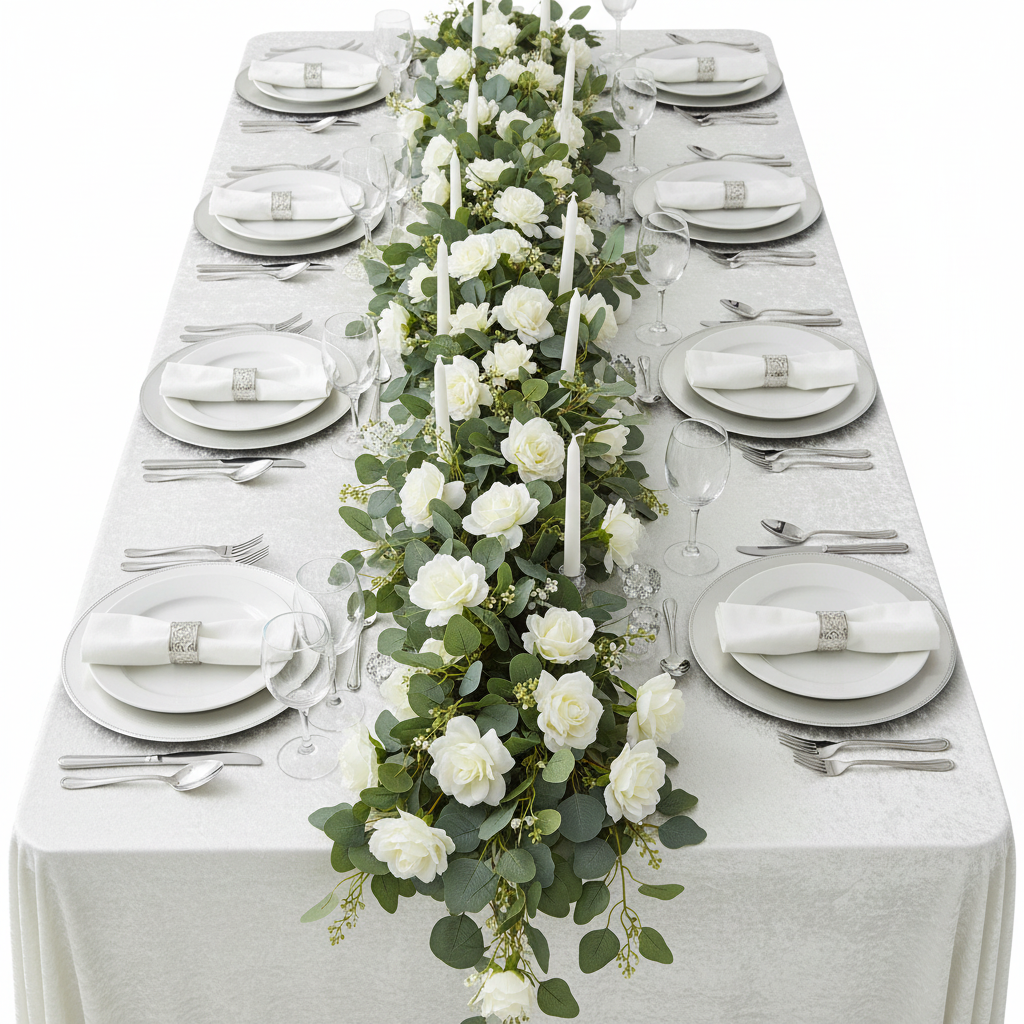 top view table setup with Velvet 90"x132" Rectangular Tablecloth - White