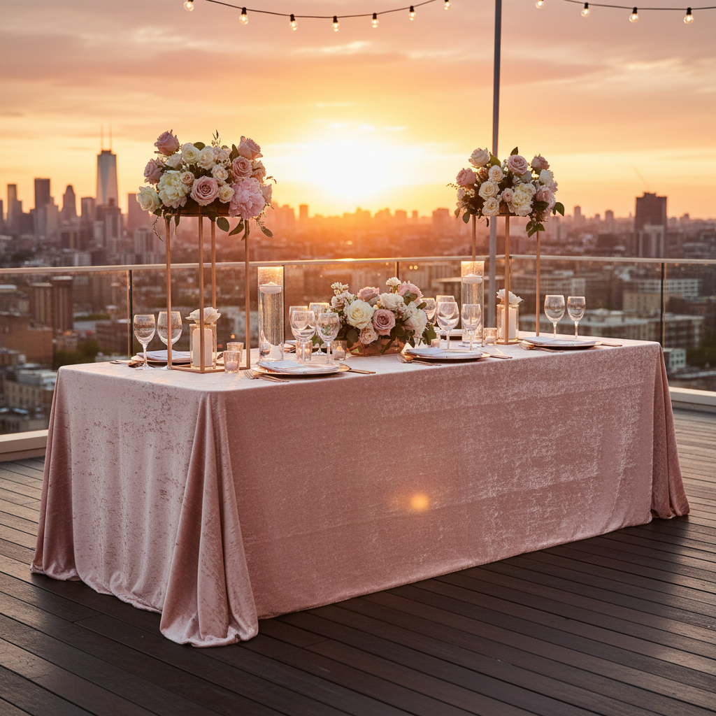 outdoor rooftop sunset dinner setup with Velvet 90"x156" Rectangular Tablecloth - Blush/Rose Gold