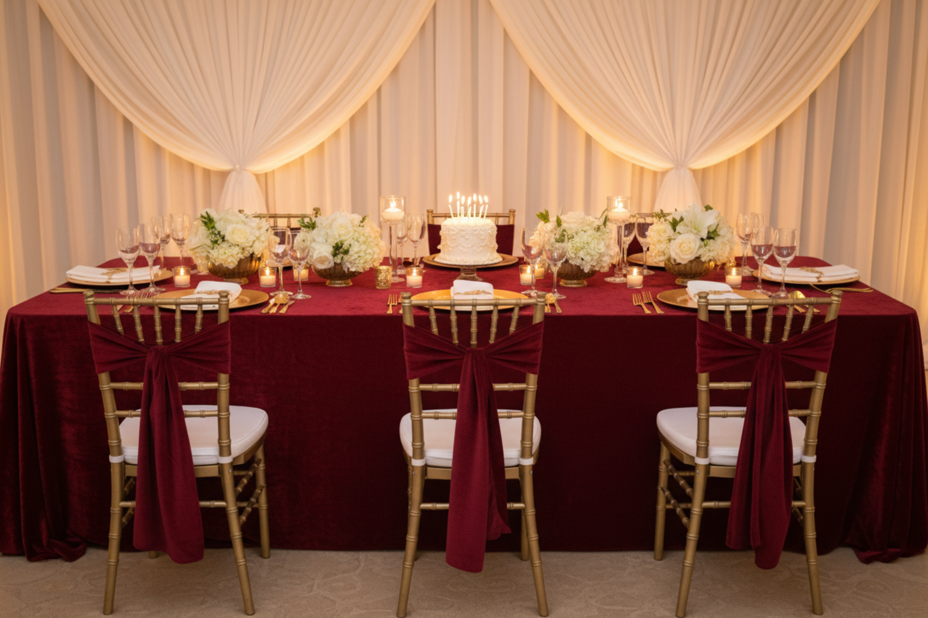 birthday dinner with Velvet 90"x156" Rectangular Tablecloth - Cabernet