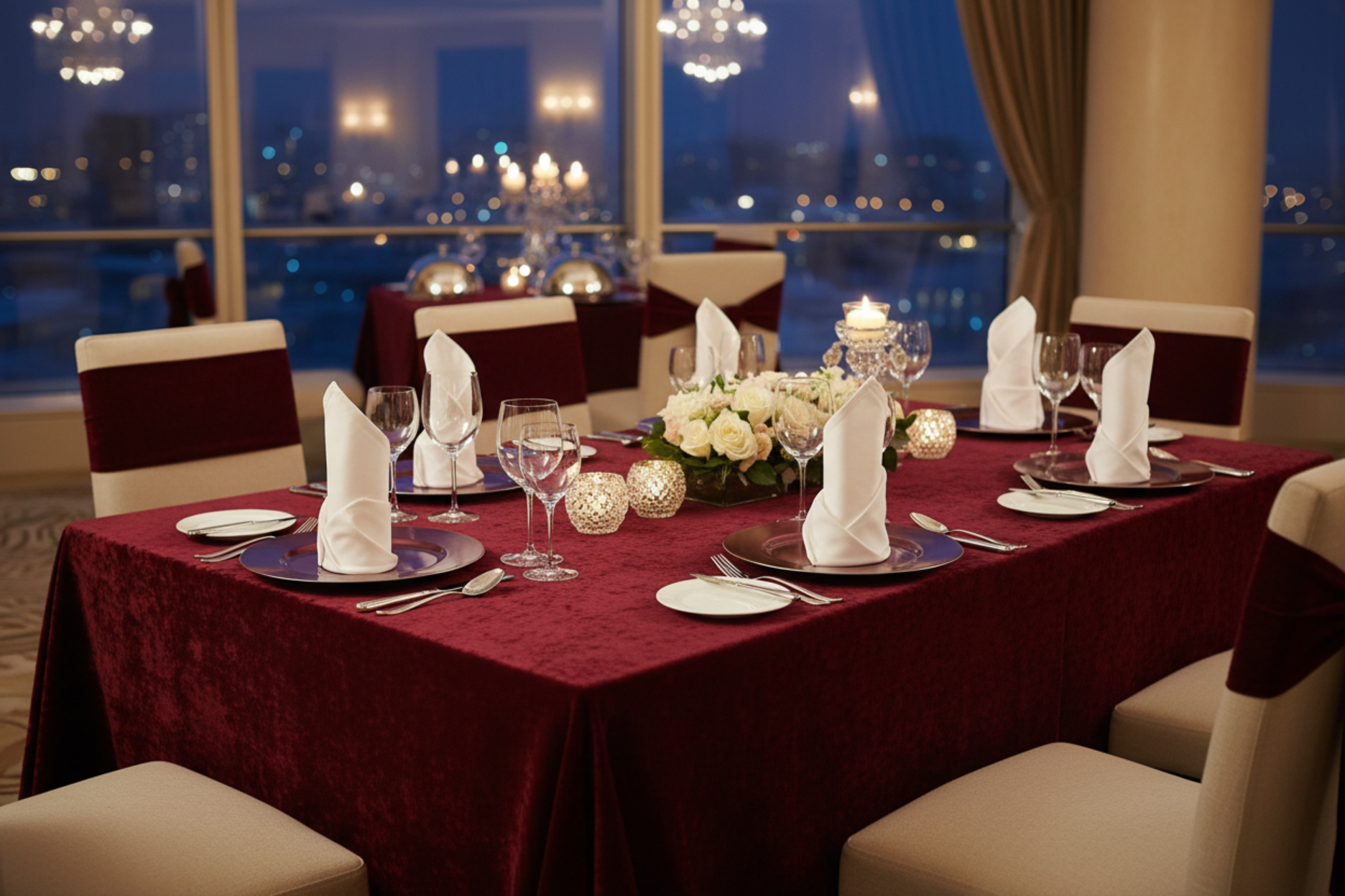 fine dining with Velvet 90"x156" Rectangular Tablecloth - Cabernet