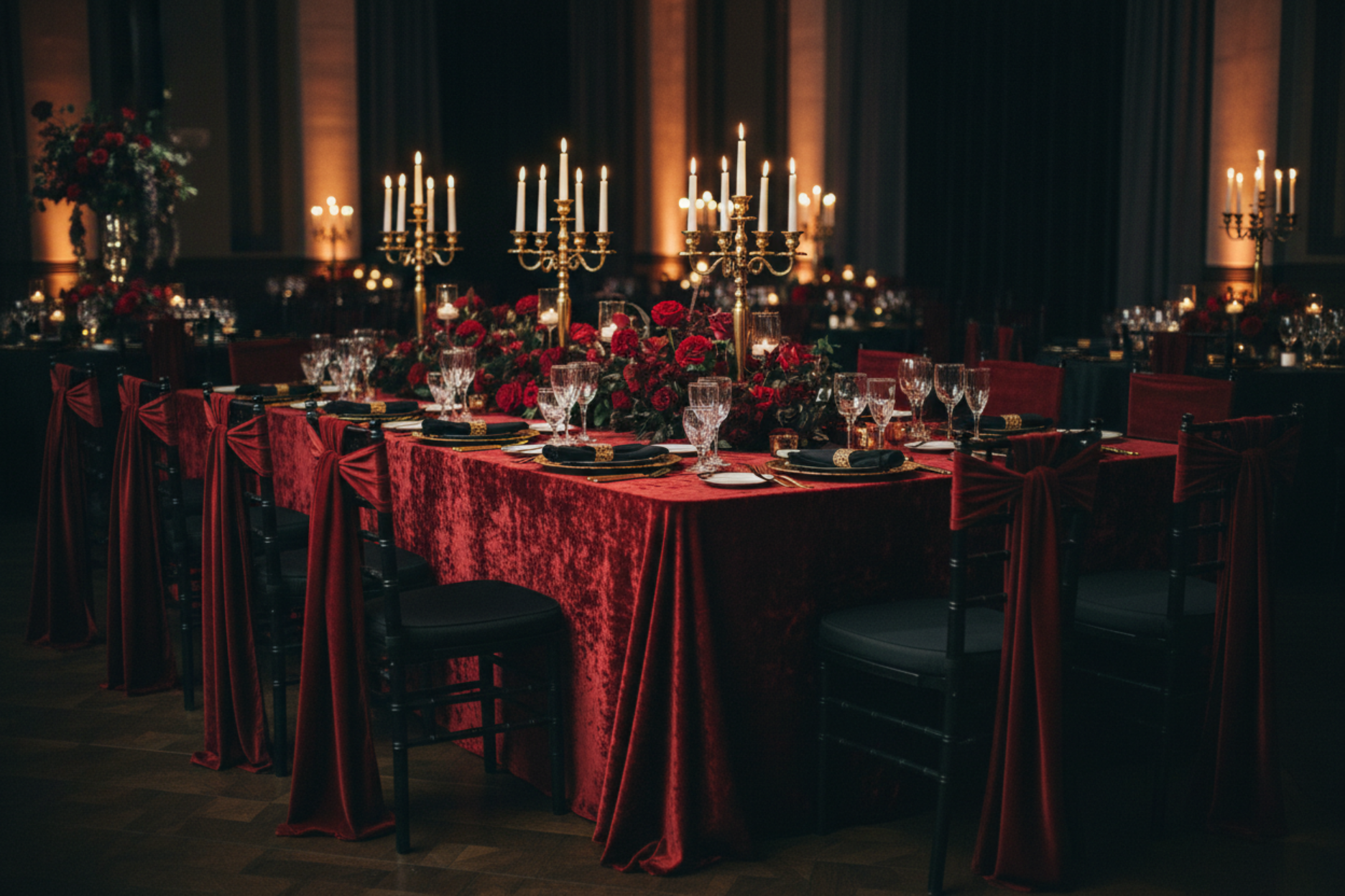 gala night with Velvet 90" x 156" Rectangular Tablecloth - Cabernet
