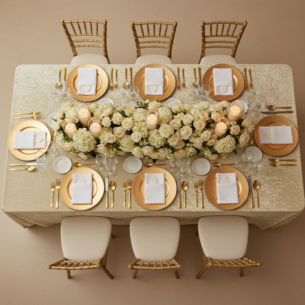 top view elegant wedding reception with Velvet 90"x156" Rectangular Tablecloth - Champagne
