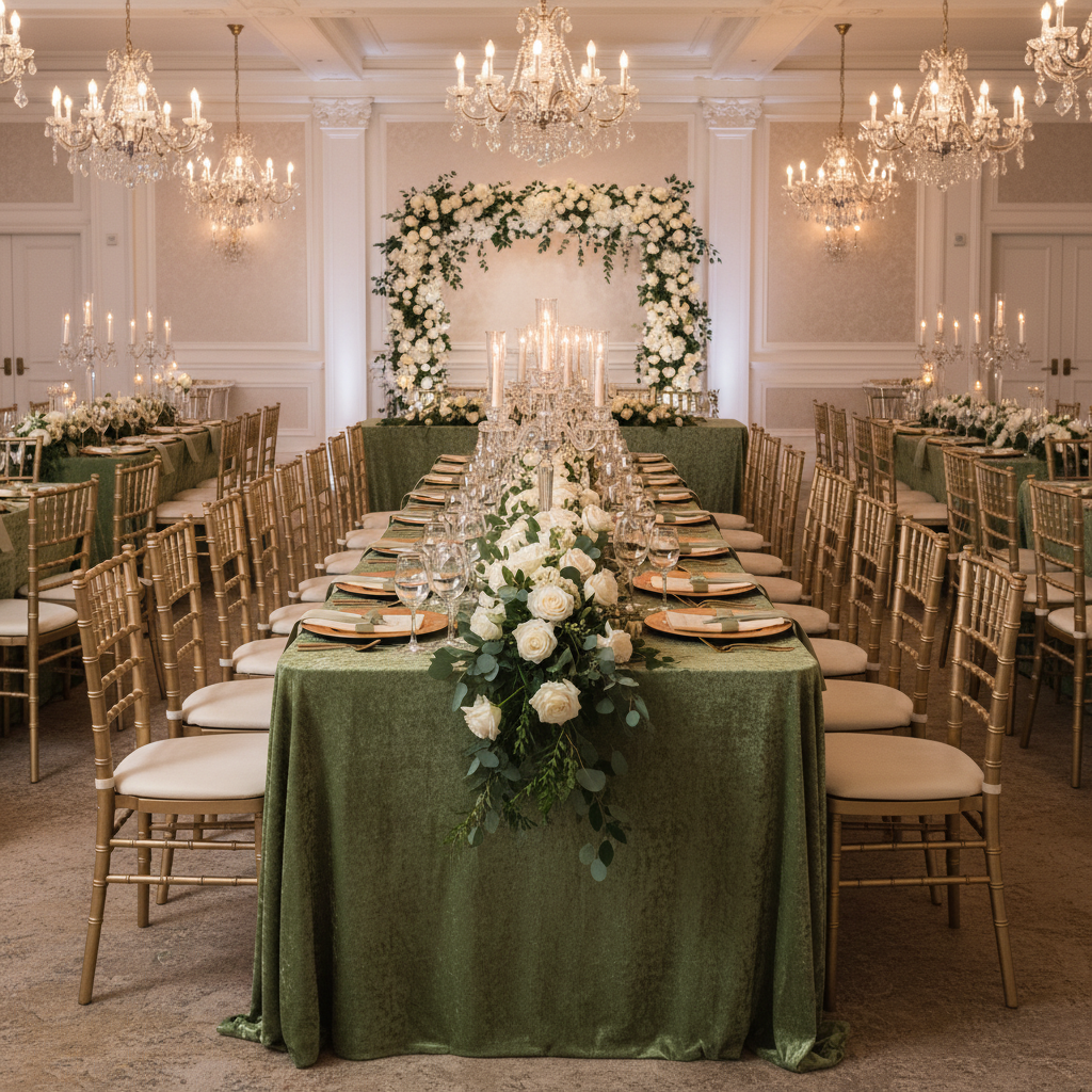 wedding reception with Velvet 90"x156" Rectangular Tablecloth - Dark Sage Green