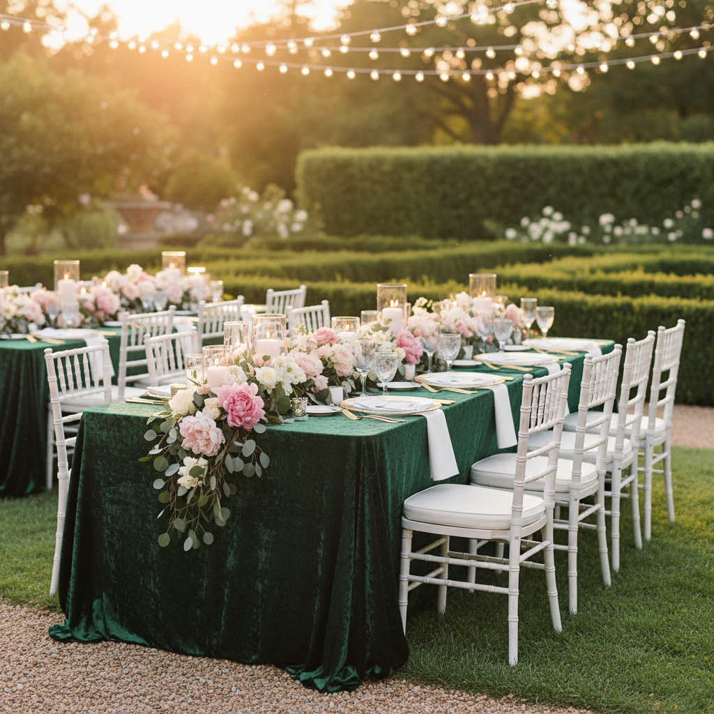 garden reception with Velvet 90"x156" Rectangular Tablecloth - Emerald Green
