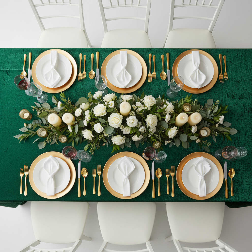 top view reception with Velvet 90"x156" Rectangular Tablecloth - Emerald Green