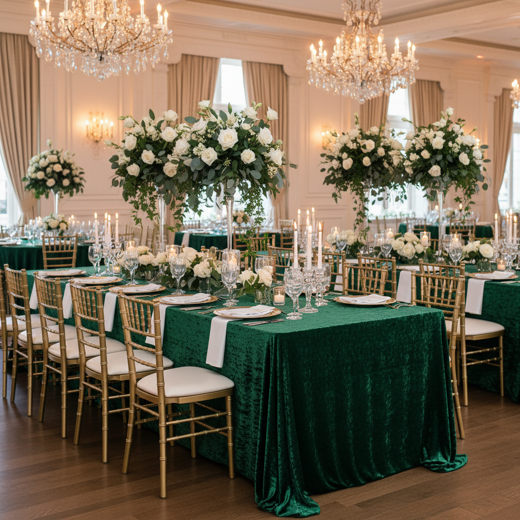 wedding banquet with Velvet 90"x156" Rectangular Tablecloth - Emerald Green