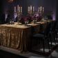 indoor black and gold dinner setup with Velvet 90"x156" Rectangular Tablecloth - Mocha Brown