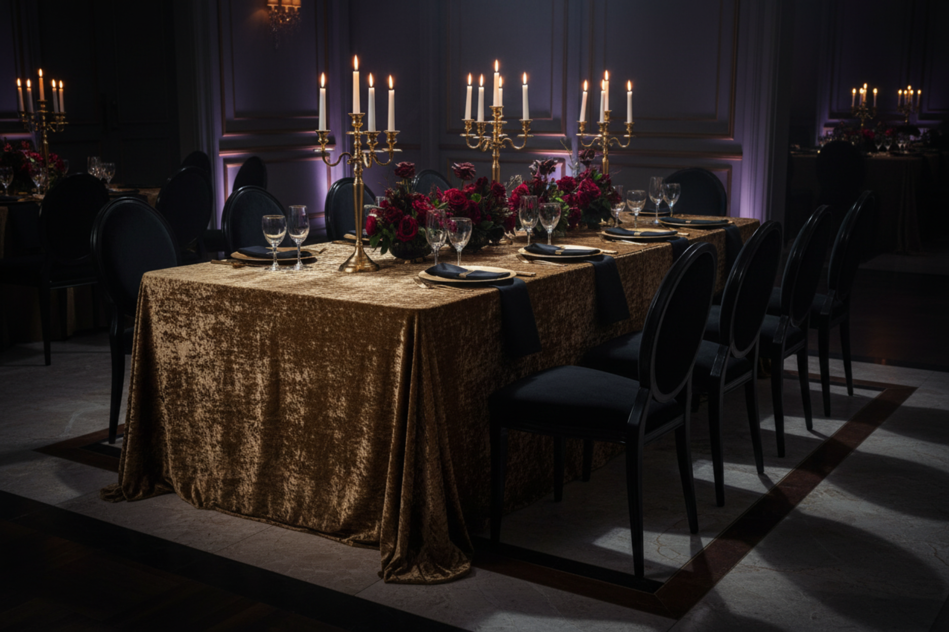 indoor black and gold dinner setup with Velvet 90"x156" Rectangular Tablecloth - Mocha Brown