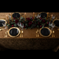 top view of black and gold setup with Velvet 90"x156" Rectangular Tablecloth - Mocha Brown