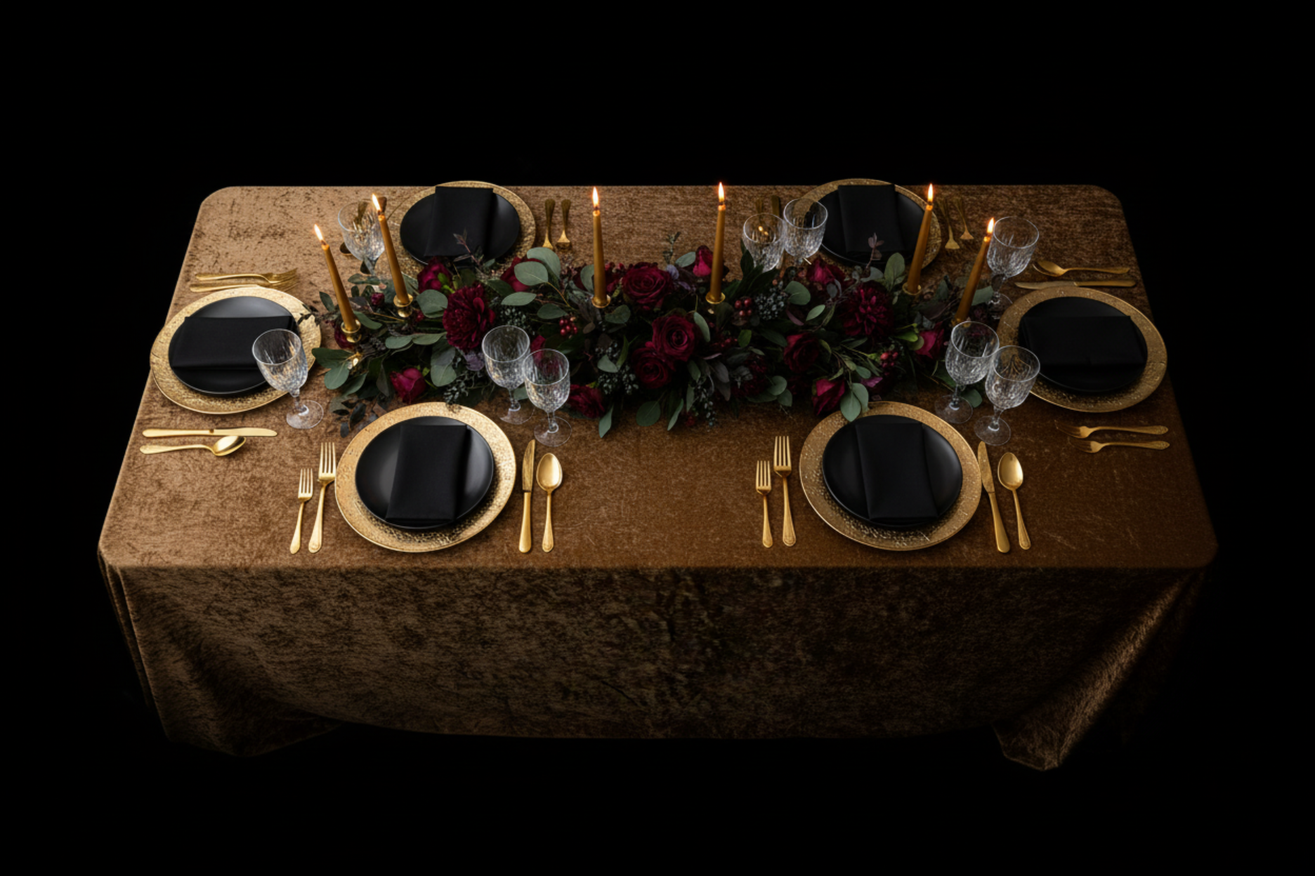 top view of black and gold setup with Velvet 90"x156" Rectangular Tablecloth - Mocha Brown