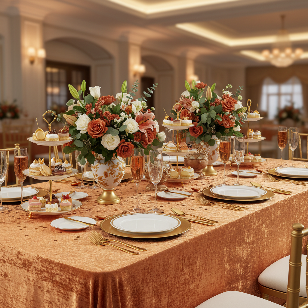 Velvet-90x156-Rectangular-Tablecloth-Rust | charger plate | wine goblets | centerpiece |