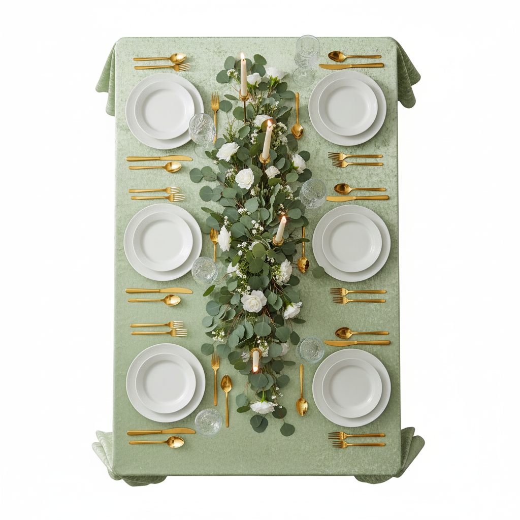 top view of Velvet 90"x156" Rectangular Tablecloth - Sage Green