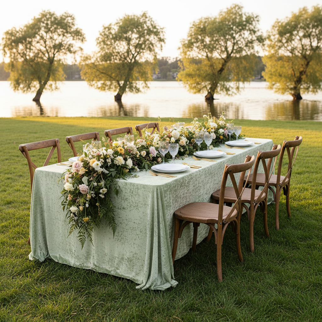 outdoor table setup with Velvet 90"x156" Rectangular Tablecloth - Sage Green