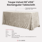 Velvet 90"x156" Rectangular Tablecloth Taupe infographic showing product dimensions