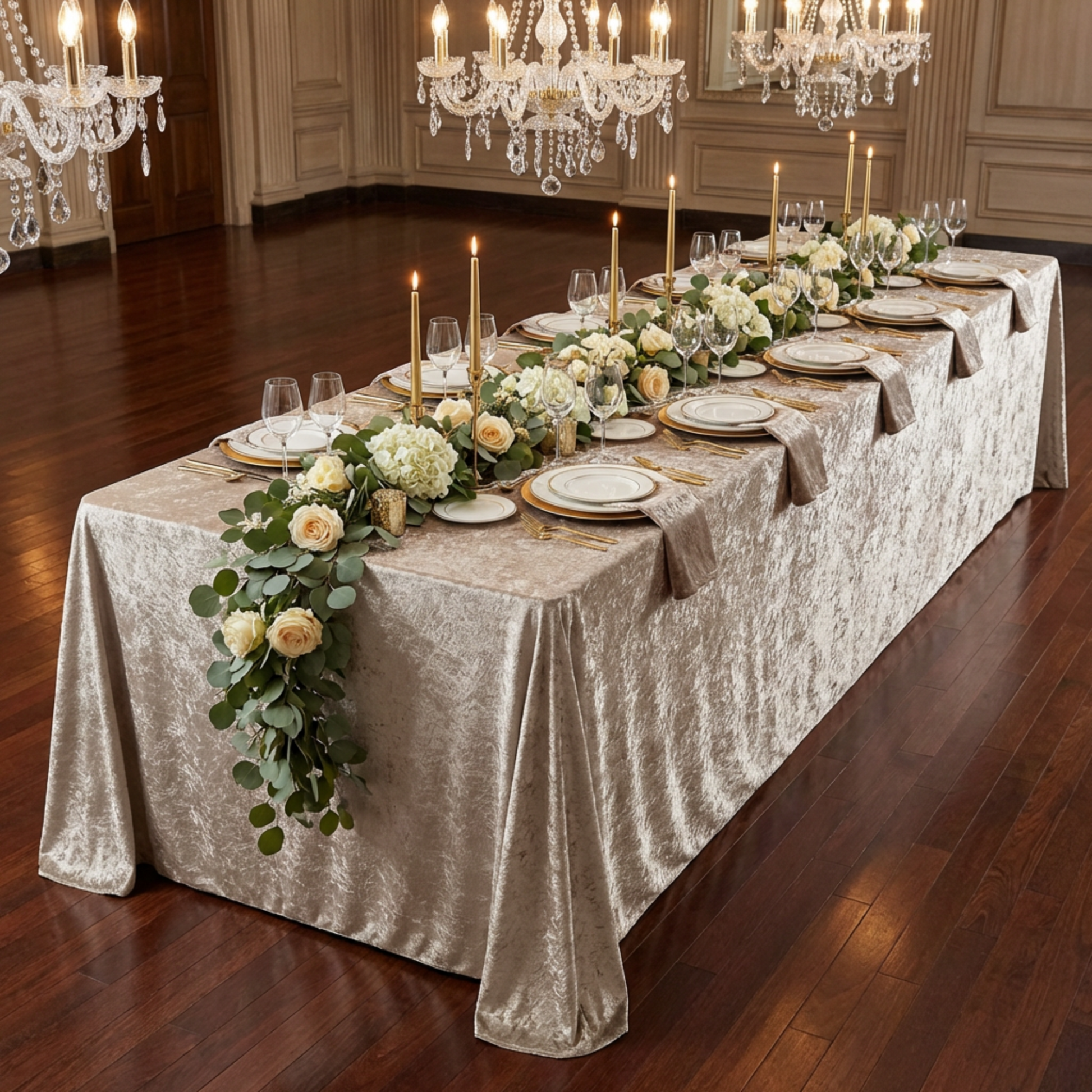 Velvet 90"x156" Rectangular Tablecloth Taupe formal dinner setting with floral and greenery table runner 