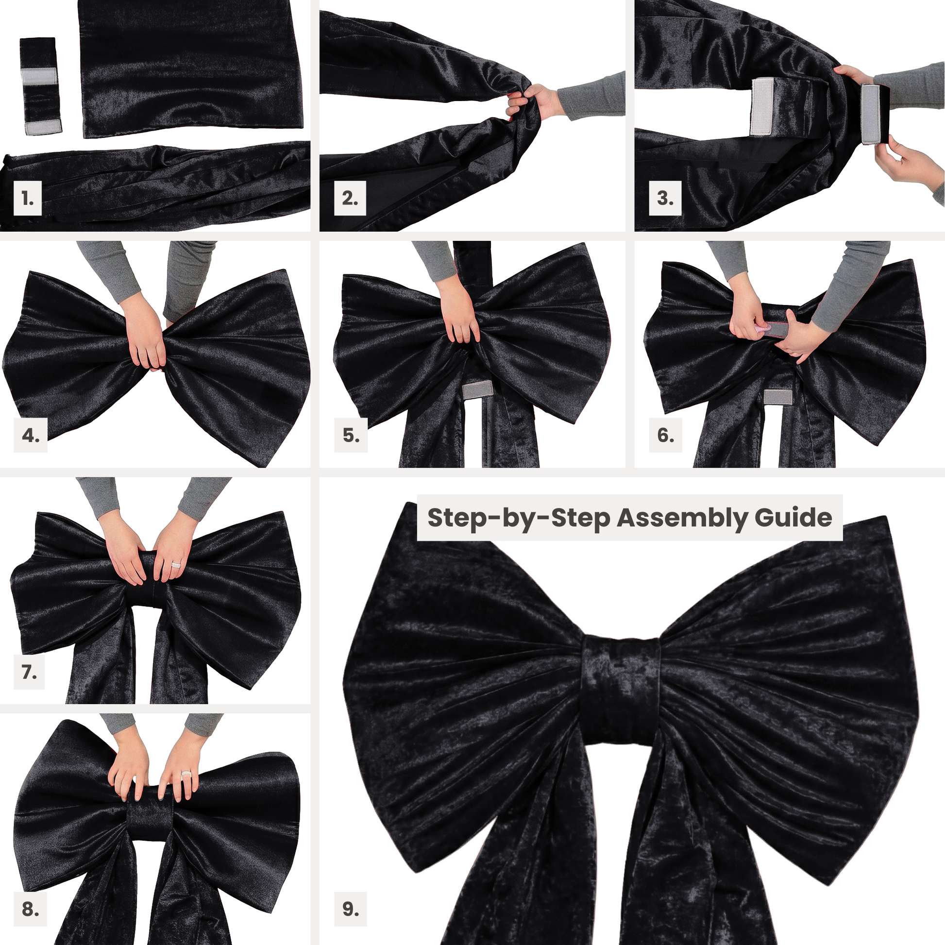 Velvet Giant Bow for Backdrop Black assembly steps infographic
