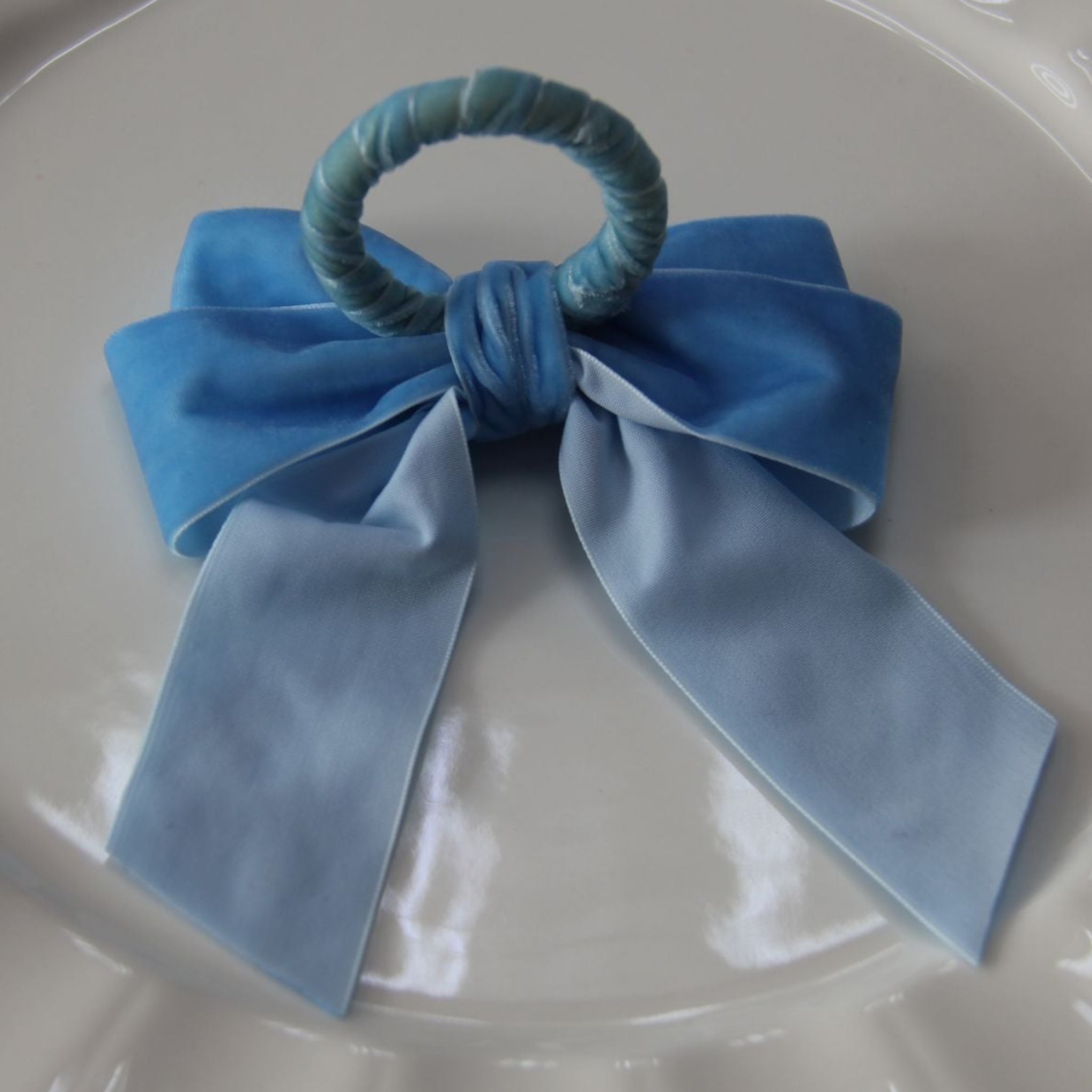 Velvet Bow Tie Napkin Ring Baby Blue backside view
