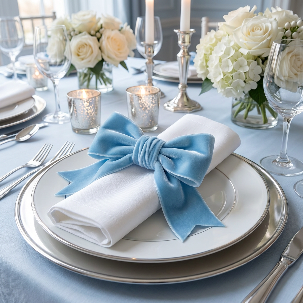 Velvet Bow Tie Napkin Ring Baby Blue  with a white napkin on top of a white dinner plate