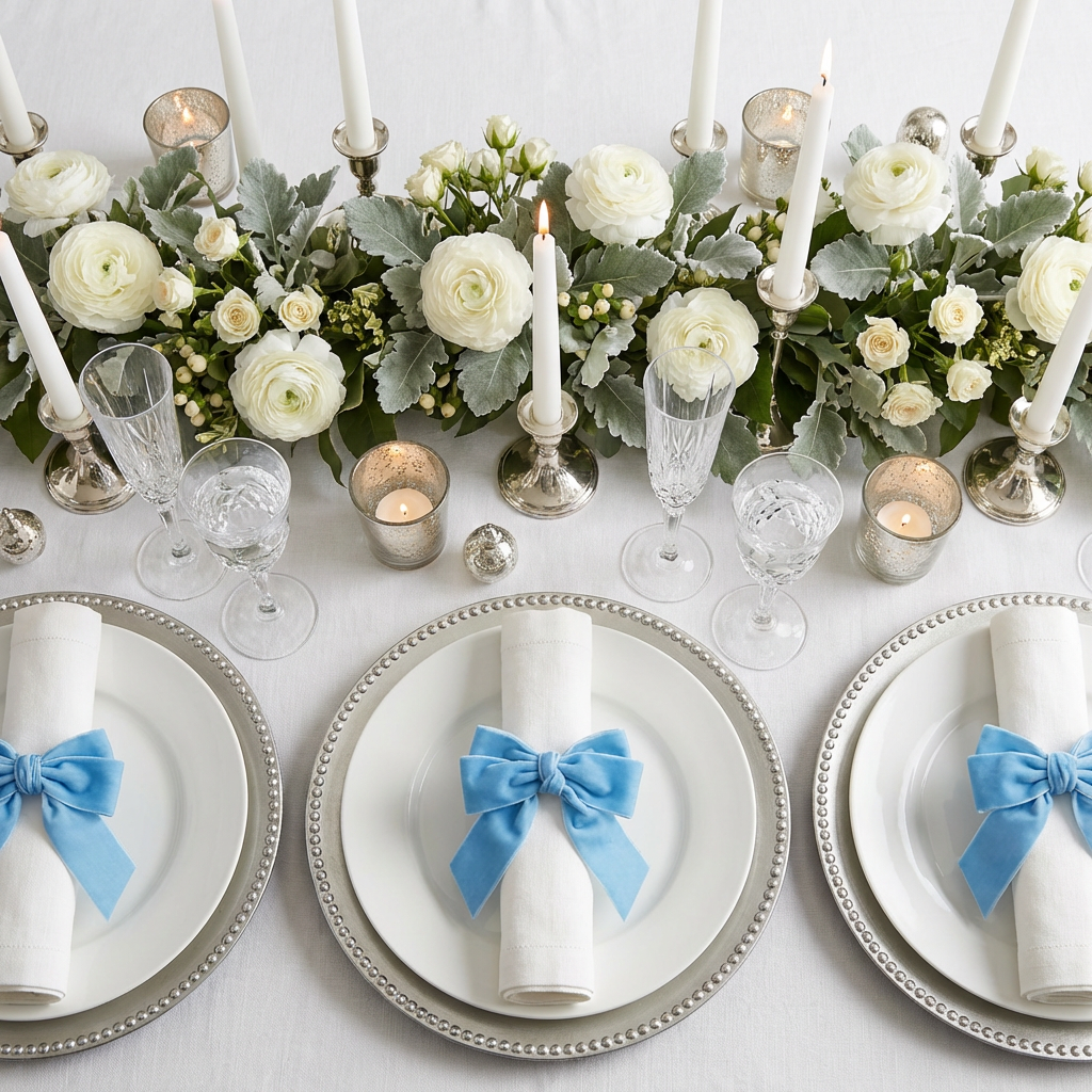 Velvet Bow Tie Napkin Ring Baby Blue  with a white napkin on top  white dinner plate and silver charger plate