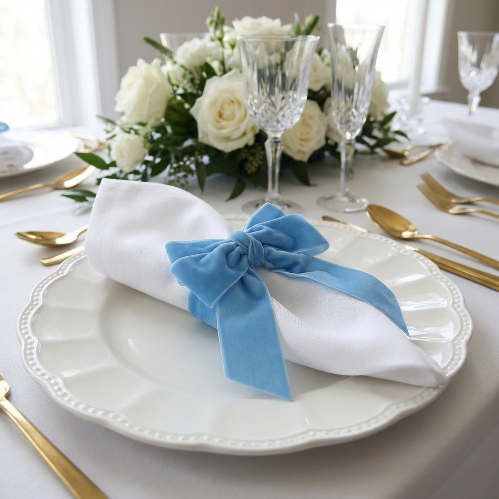Velvet Bow Tie Napkin Ring Baby Blue with a white napkin on top a white charger plate