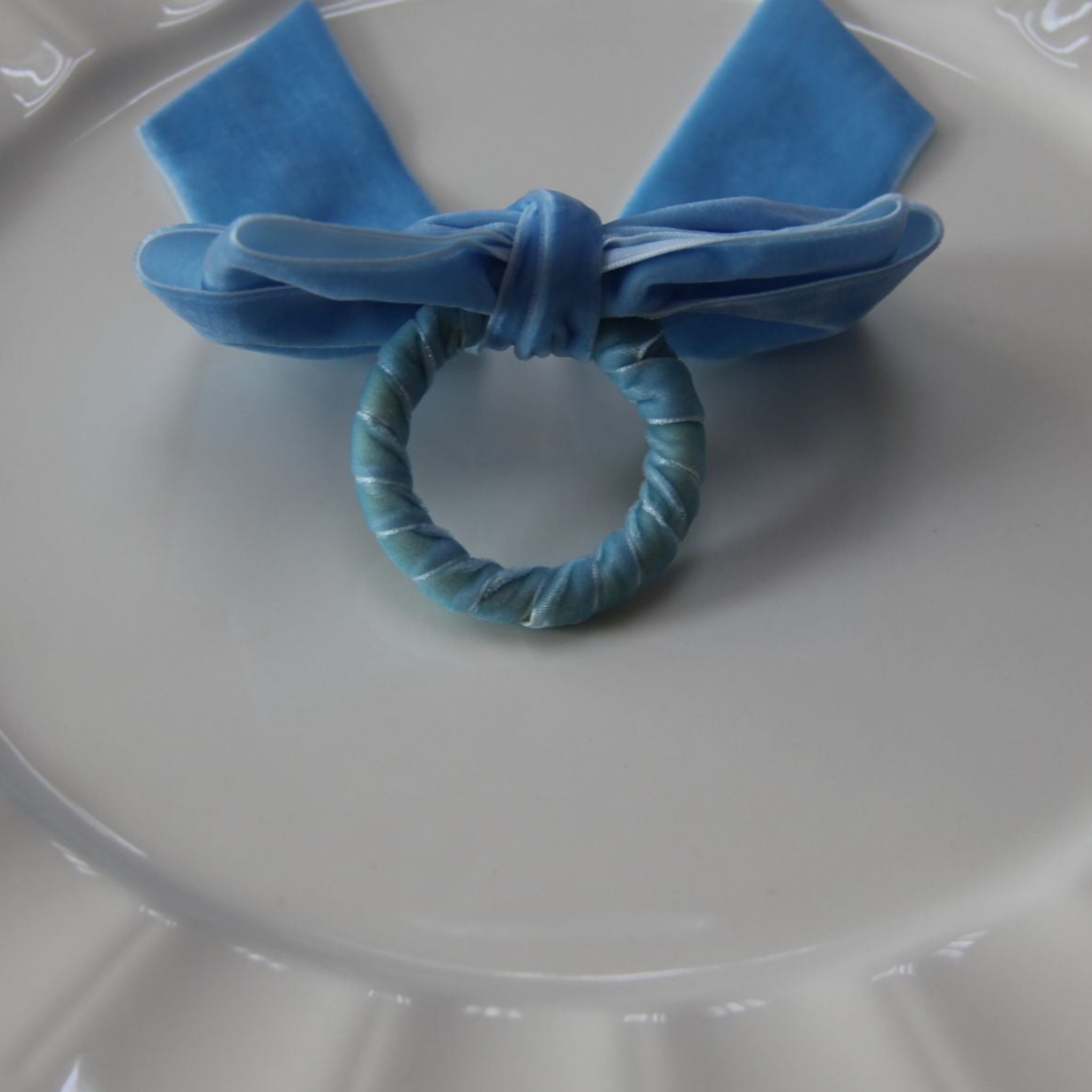 Velvet Bow Tie Napkin Ring Baby Blue  close up