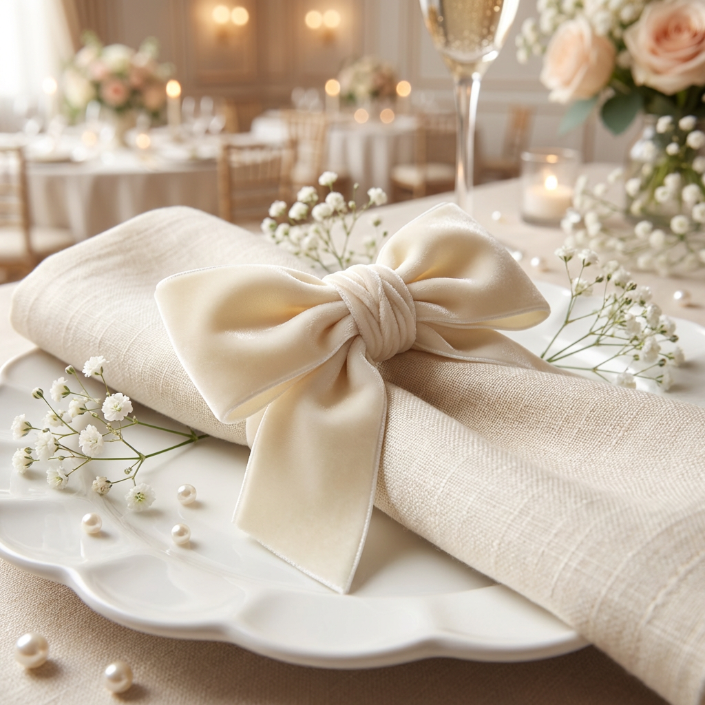 Velvet Bow Tie Napkin Ring Ivory paired with a spin polyester ivory napkin on top a white dinner plate