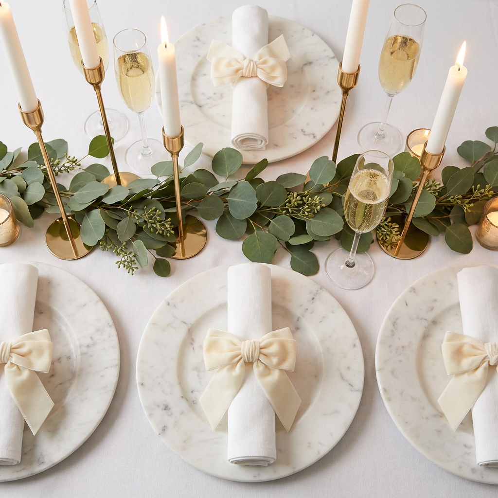 Velvet Bow Tie Napkin Ring Ivory over a white napkin on top a marble charger plate
