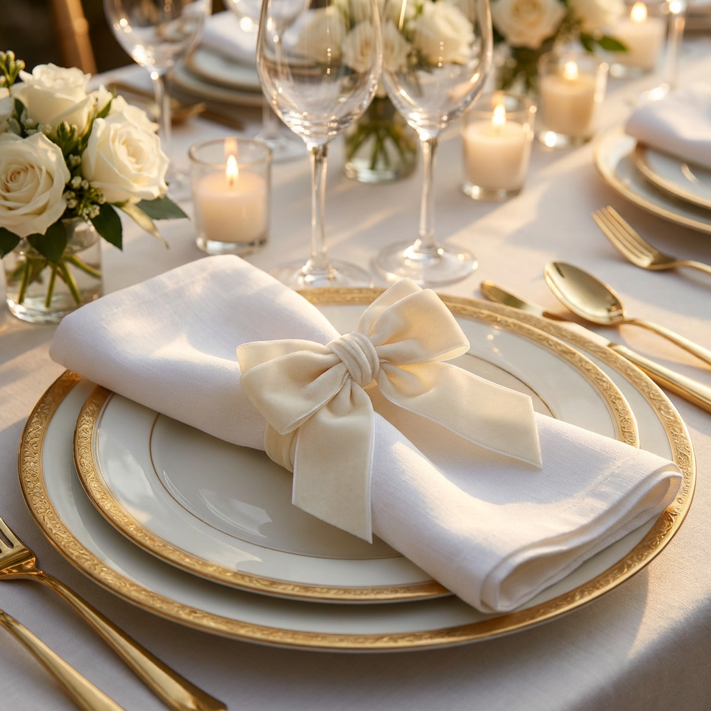Velvet Bow Tie Napkin Ring Ivory with a white napkin on top of white gold trimmer dinner plates