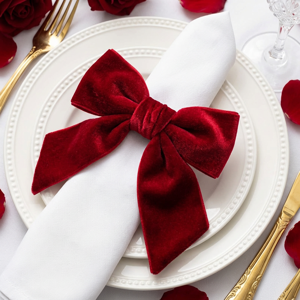 Velvet Bow-Tie Napkin Ring Red on a white napkin on top white dinner plates