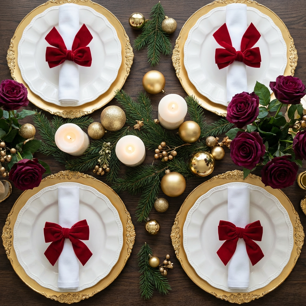 birdseye view of the Velvet Bow-Tie Napkin Ring Red on a white napkin on top a white dinner plate  and gold charger plate