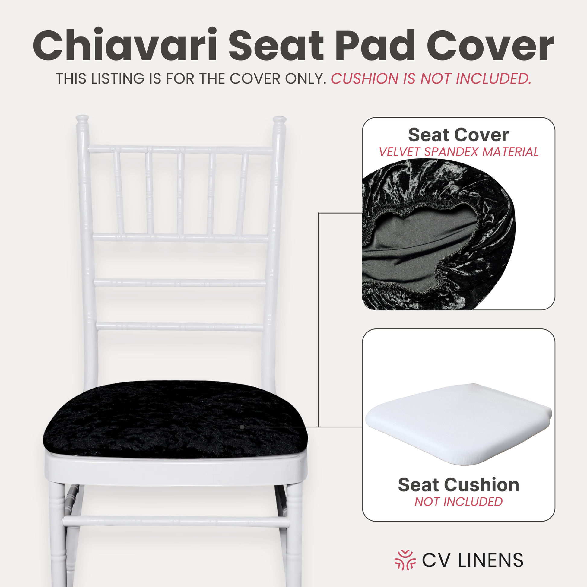 5 pcs/pk Velvet Spandex Chiavari Seat Pad Cover - Black

