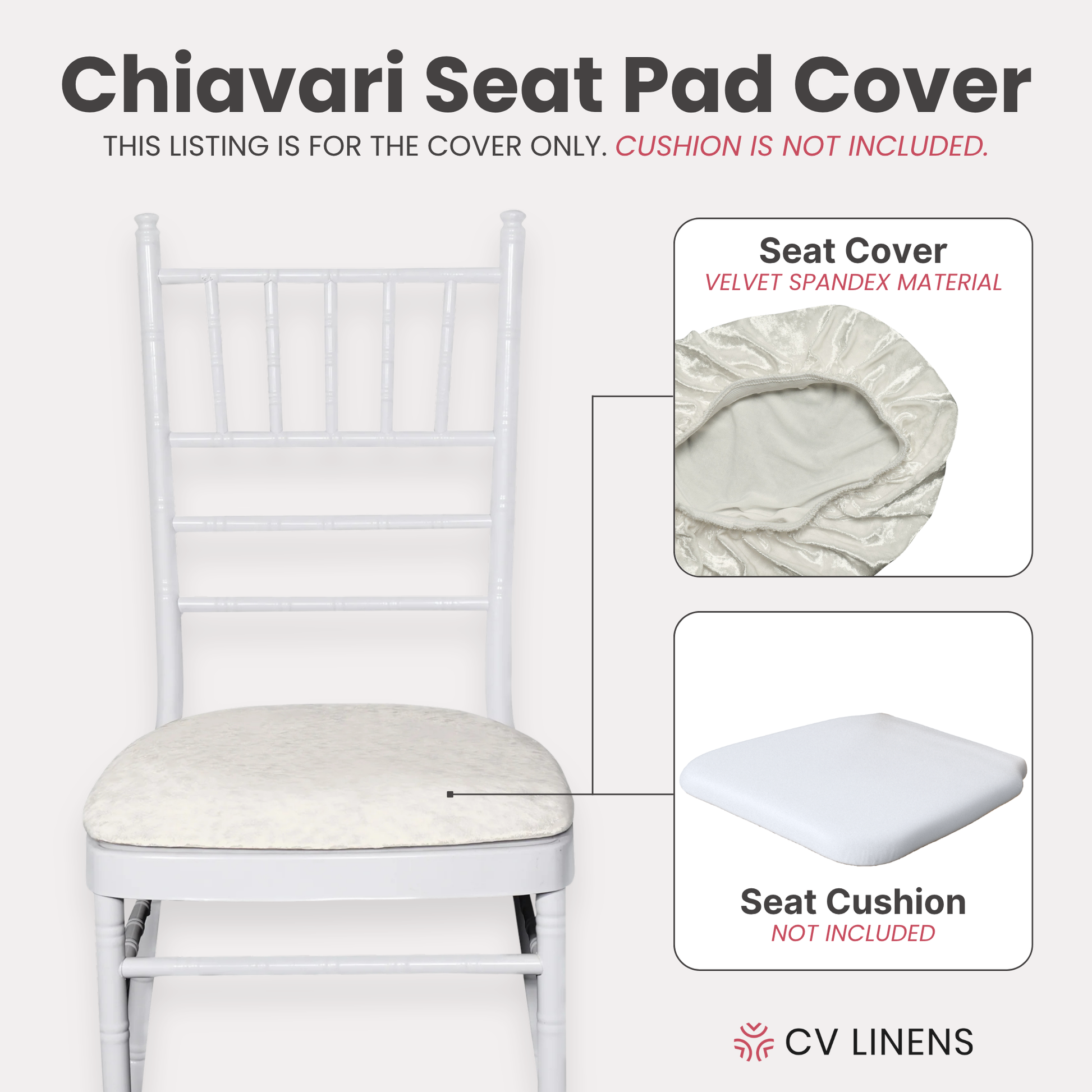 5 pcs/pk Velvet Spandex Chiavari Seat Pad Cover - Ivory
