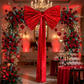 Velvet Giant Fabric Bow for Backdrop  Apple Red on a square arch with red roses and eucalytpus greenery for Valentine's Day