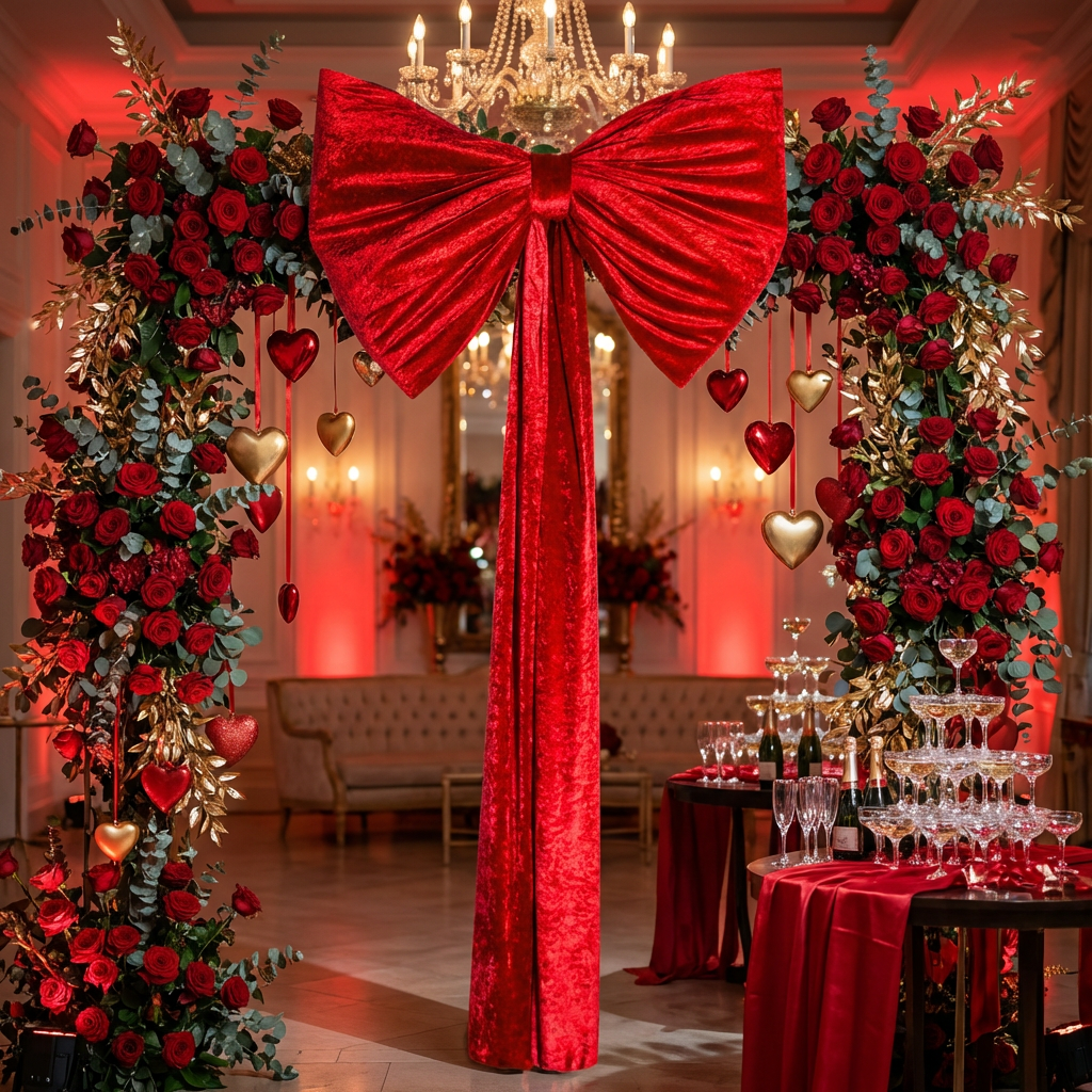 Velvet Giant Fabric Bow for Backdrop  Apple Red on a square arch with red roses and eucalytpus greenery for Valentine's Day