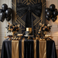 Velvet Giant Fabric Bow for Backdrop Black behind a dessert table dressed in black and gold accents