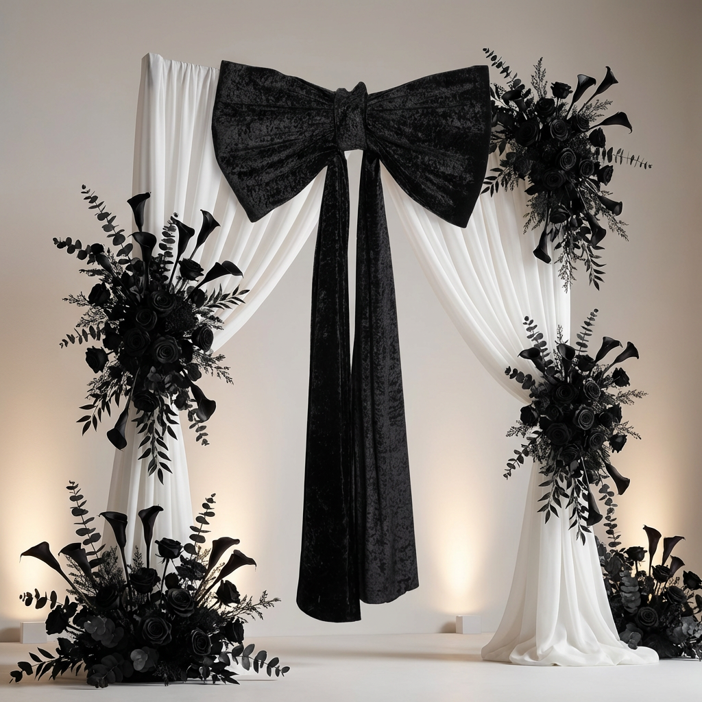 Velvet Giant Fabric Bow for Backdrop Black paired with white sheer drapes and mixed black florals