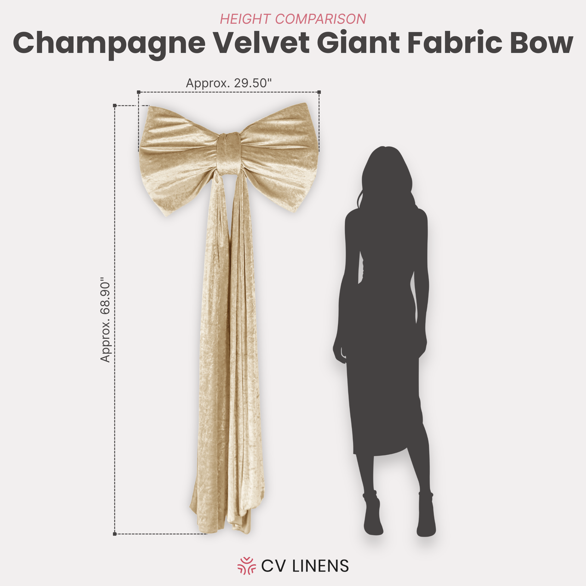 XL Velvet Giant Fabric Bow for Backdrop Champagne infographic height comparison