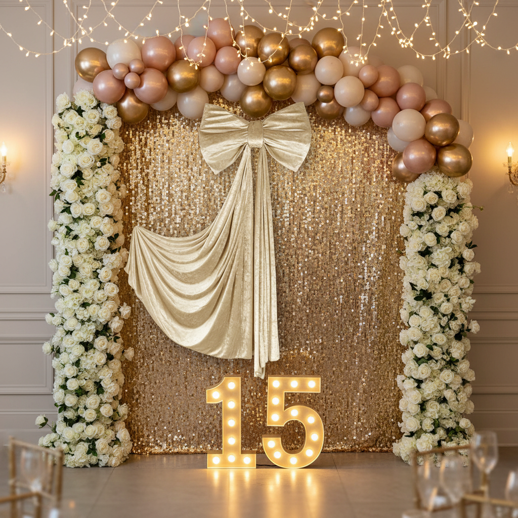 Velvet Giant Fabric Bow for Backdrop Champagne on a backdrop for a Quincenera party
