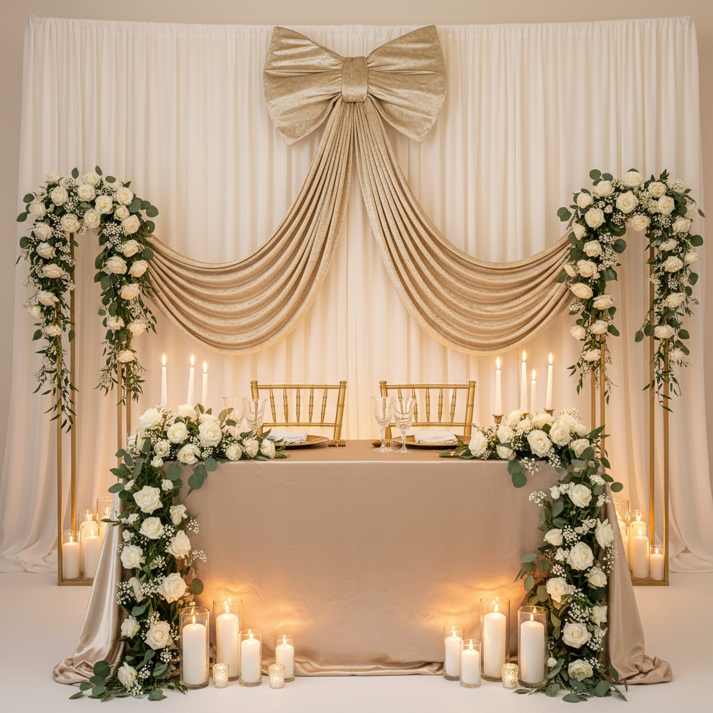 Velvet Giant Fabric Bow for Backdrop Champagne behind a bridal table
