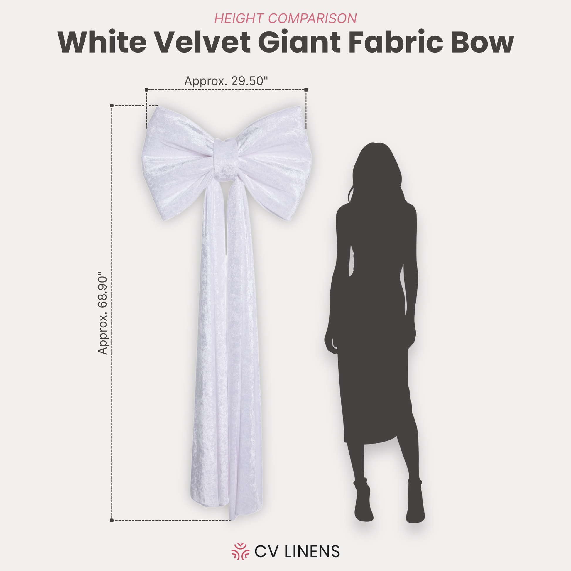 Velvet Giant Fabric Bow for Backdrop White infographic height comparison