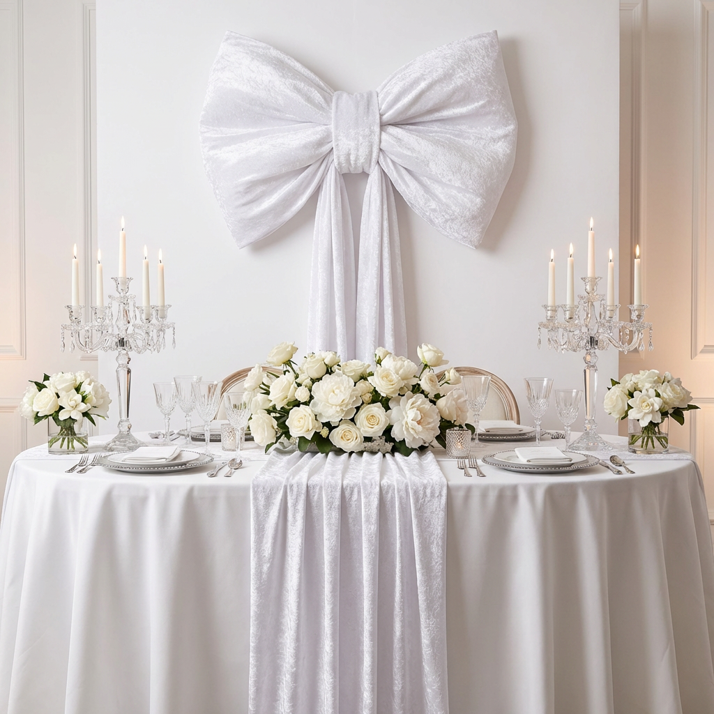 Velvet Giant Fabric Bow for Backdrop White behind a bridal table